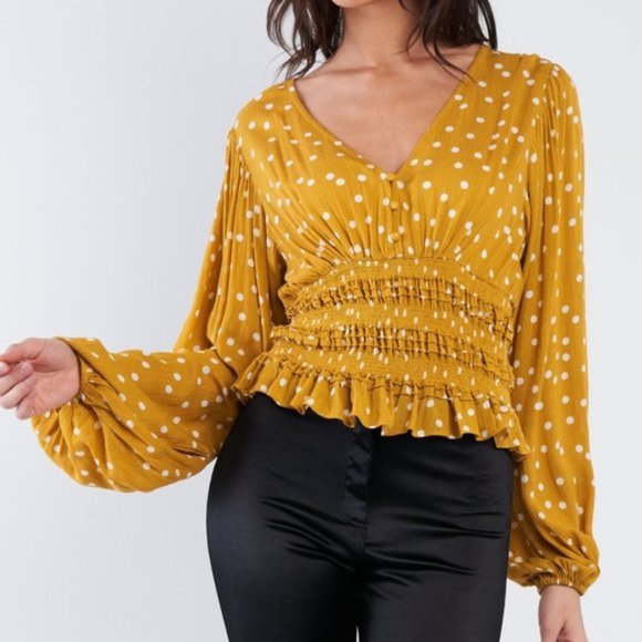MODA ME COUTURE Tops - Illustrator Polka Dot Peplum Mustard Top